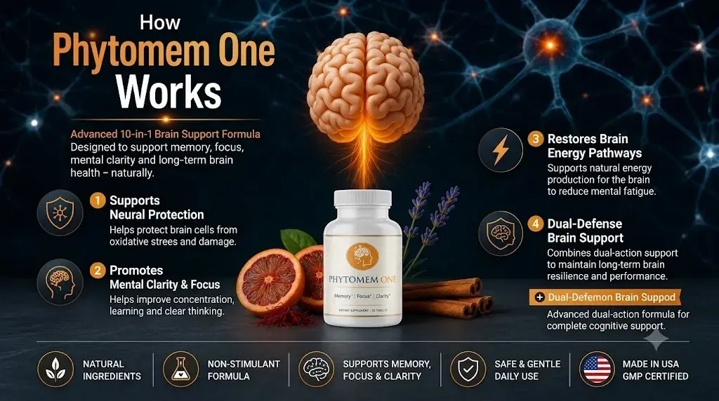 How Phytomem One Works infographic explaining advanced 10-in-1 brain support formula for memory focus and mental clarity with neural protection and energy pathways