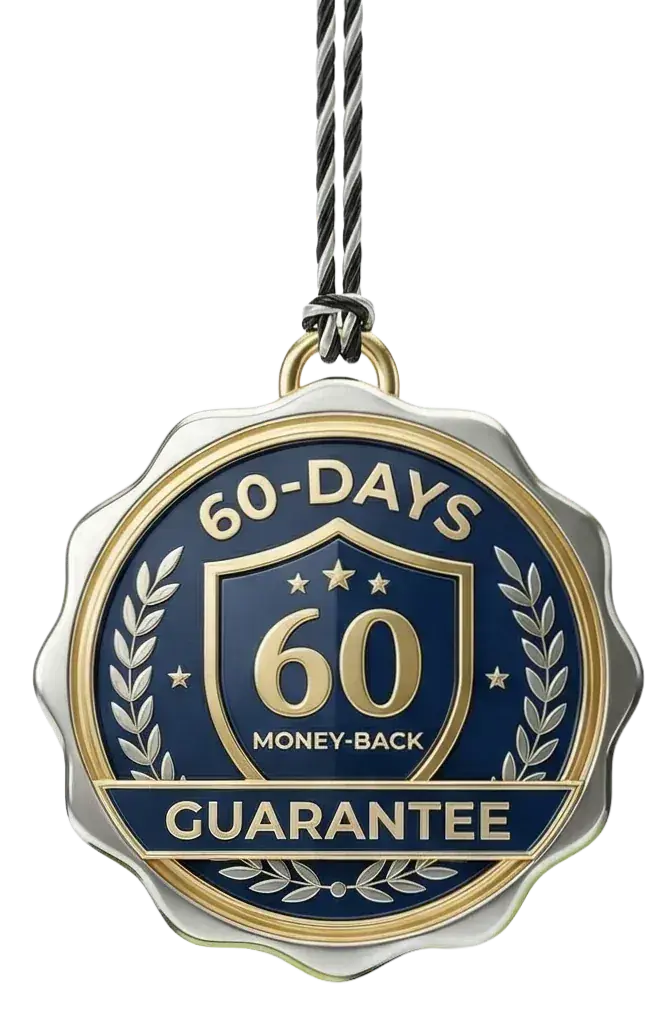 Phytomem One  60 days money back guarantee official trust seal badge. Features a gold and navy circular shield design providing purchase protection for supplement buyers in the USA.