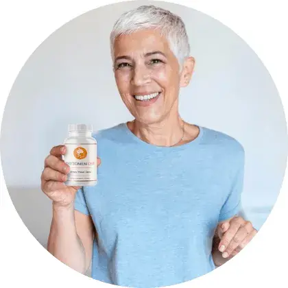 Smiling senior woman holding Phytomem One brain health supplement for memory, focus, clarity, and cognitive support in the USA.